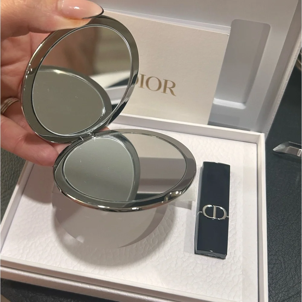 DIOR Set Silver Cannage Double Sided Mirror and Lipstick #720 New In Box